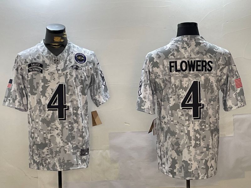 Men Baltimore Ravens #4 Flowers Nike Arctic Camo 2024 Salute to Service Limited NFL Jersey style 1